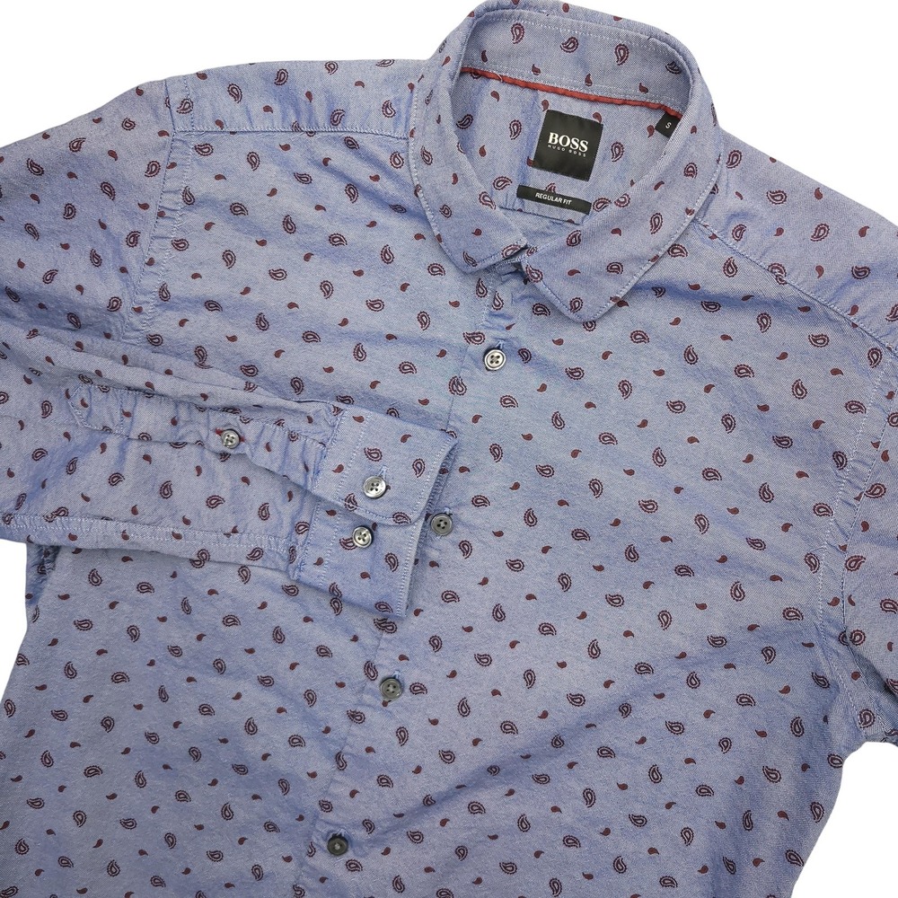 Hugo Boss Shirt Mens Small Blue‎ Paisley Chambray Regular Fit Long Sleeve